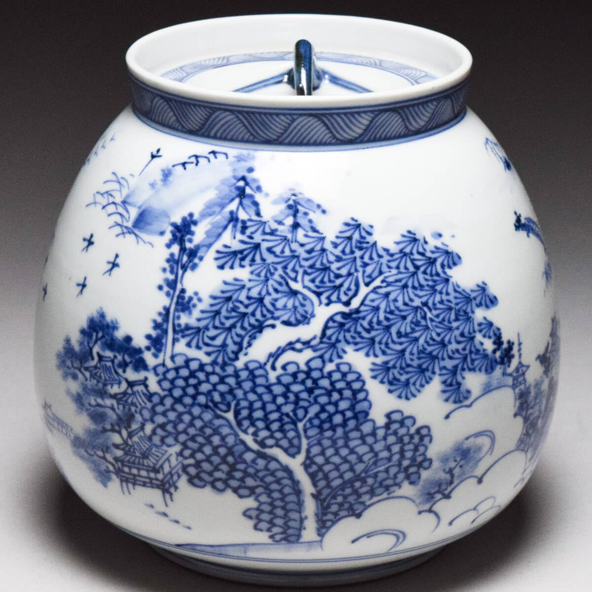 手ひねり瓢形水指(陽炎園) 陽炎園 膳所焼染付近江八景