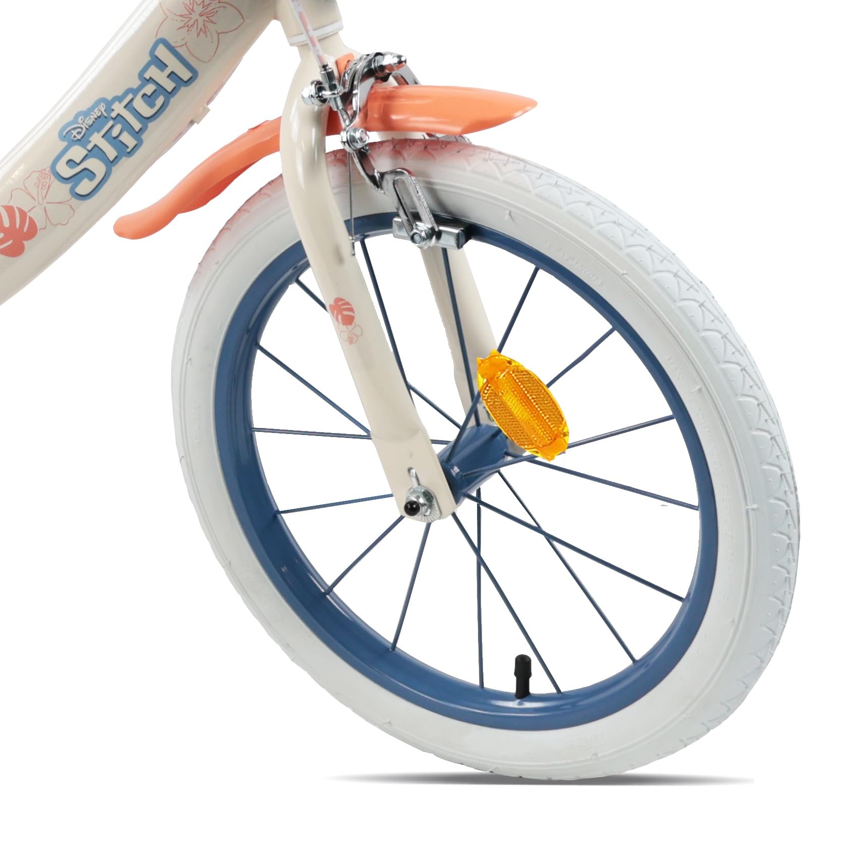 Vélo 16'' Fille avec Casque Leo & Stitch de Disney - 2 Freins Caliper - Pneus Gonflables - Panier Avant - Porte-poupée arrière - Garde-Boue 2 Stabilisateurs + Casque Stitch, Beige