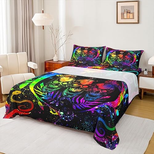 Erosebridal Juego de sábanas gótico con calaveras tamaño completo, sábanas bohemias con esqueleto, sábanas de cama de neón con colores brillantes y