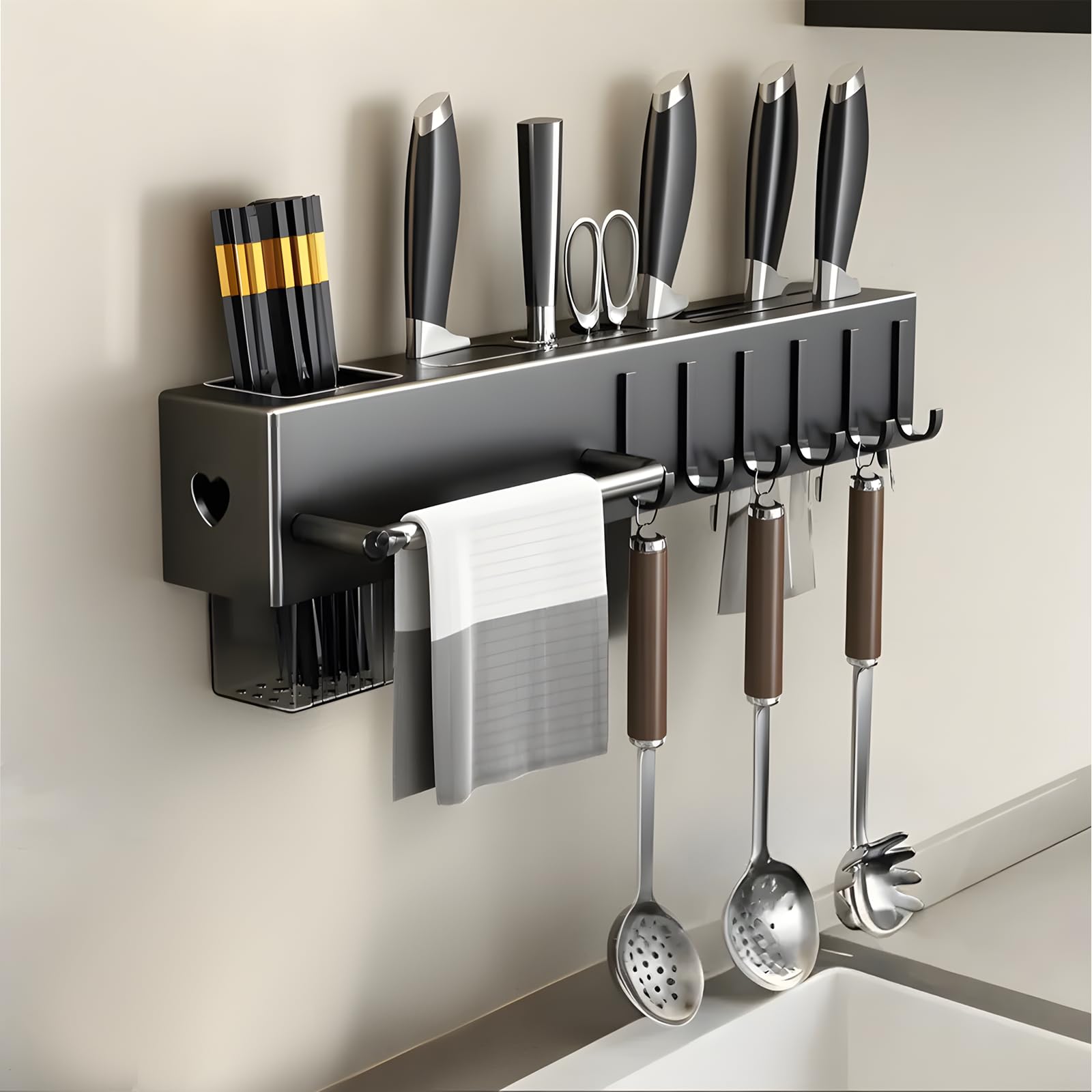 Portacoltelli Da Parete Con 6 Ganci - Installazione Adesiva O A Viti Nero 40cm - Foto 12