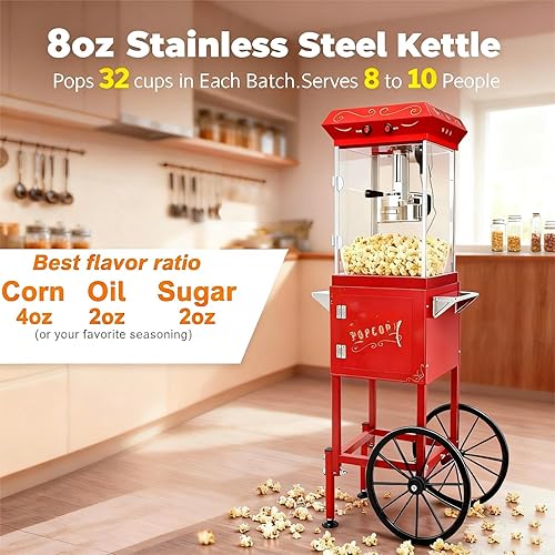 Miniatura 3 de Máquina de palomitas de maíz con ruedas de carrito  Máquina de palomitas de maíz con hervidor de acero inoxidable de 8 onzas, máquina para hacer