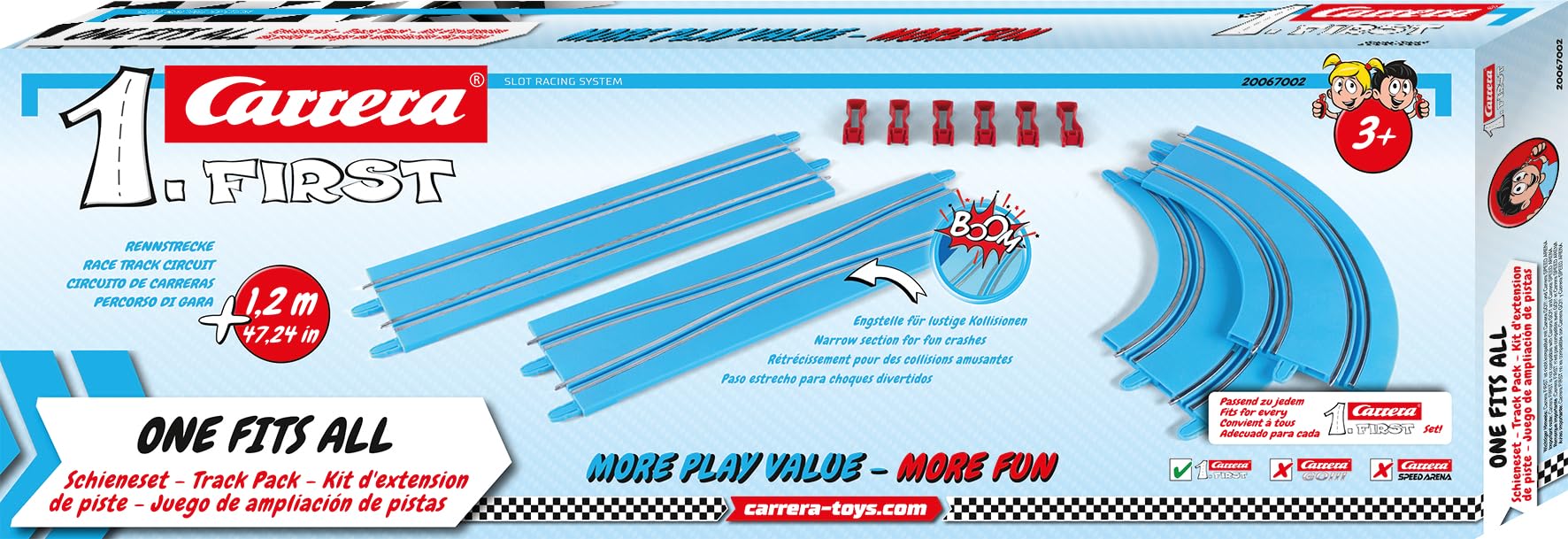 Carrera FIRST Track Pack, 1.2M, 1 Straight Section, 1 Narrow Section, 2 Corner Sections, 6 Track Supports, Comaptible with all FIRST Sets