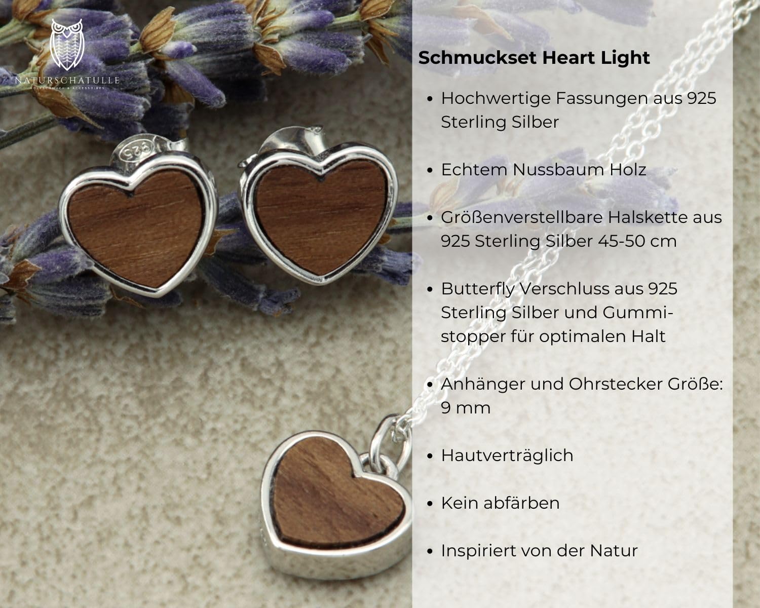 NaturSchatulle Holzschmuck Set Ohrringe Halskette Herz 9mm Damen Holzohrringe 925 Silber Nussbaum Holz Ohrstecker Schmuck