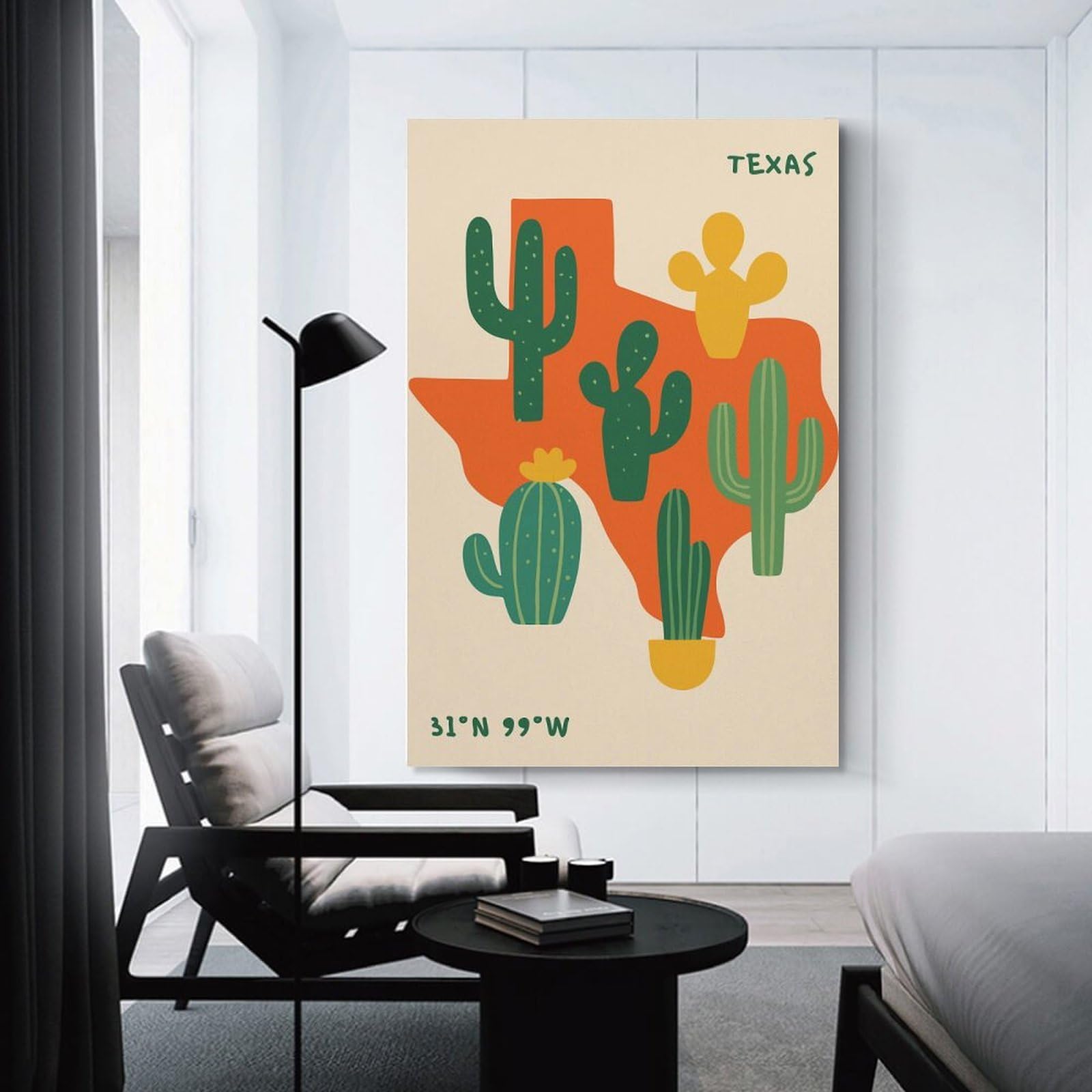 Junmoney Texas Map with Cacti Illustration Decorative Canvas Print, 20x30inch(50x75cm), for Hallway, Entryway Or Landing, Home Artwork for First Impressions