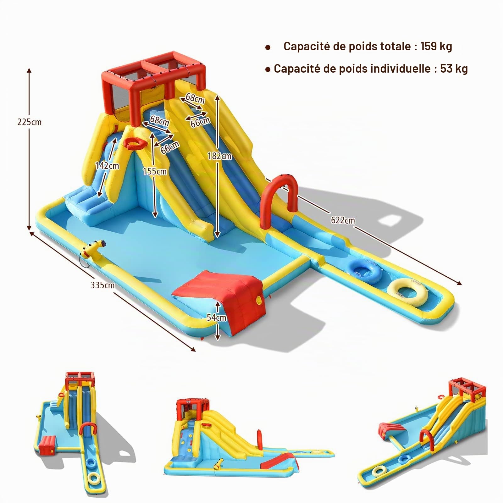 FANTASK Château Gonflable avec Sac de Transport, bouées, Basket-Ball Gonflable et kit de réparation Toboggan Aquatique, Parc Aquatique pour l'extérieur, avec Pistolet à Eau, Mur d'escalade et Panier
