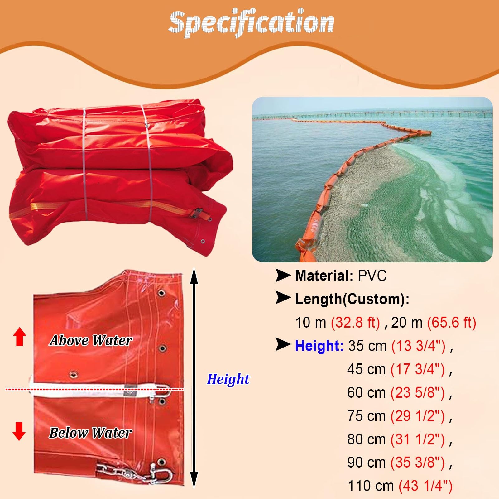 Bouée Anti-Pollution en PVC, bouée Anti-Pollution en Forme d'algue, bouée Anti-Pollution Flottante en PVC, Sac de contrôle des inondations pour Le Nettoyage Marin, 20 m x 75 cm, Solution d'u