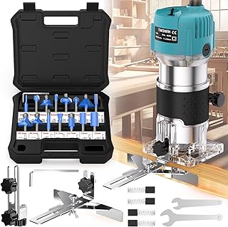 TwoWin Router Tool, 110V 800W Compact Palm Wood Router Tool for Woodworking, Electric Hand Trimmer 1/4" Collets Woodworking Tool Laminate Trimmer + Tungsten Carbide Router with 15 Pcs Router Bits