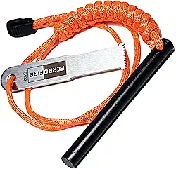 Arranque de ferro clássico super-Duty Heavy Duty com haste de ferrocério de 10 cm de comprimento de pederneira de aço carbono Striker Orange 550 Paracord alça de cordão para acampamento de