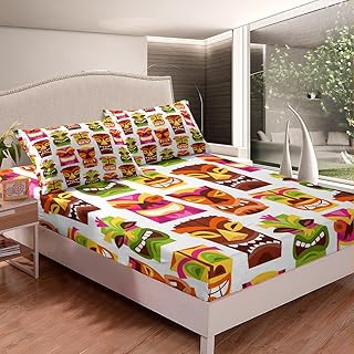 Tiki Bar Fitted Sheet Retro Inspired Bedding Set Happy Hawaiian Party Fitted Sheet & Pillow Sham Set for Kids Boys Girls Cute Colorful Tiki Pattern Bed Cover No Flat Sheet Room Decor Full Size