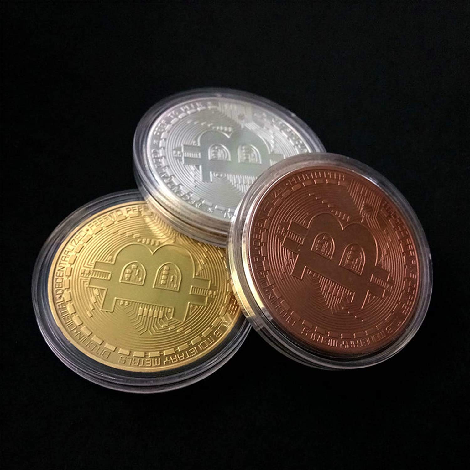 Bitcoin Memorabilia 3 Piece Bitcoin Physical Coin Set - Gold Silver Bronze  Blockchain Collectible Tokens In Display Cases Humorous Drink Sleeve