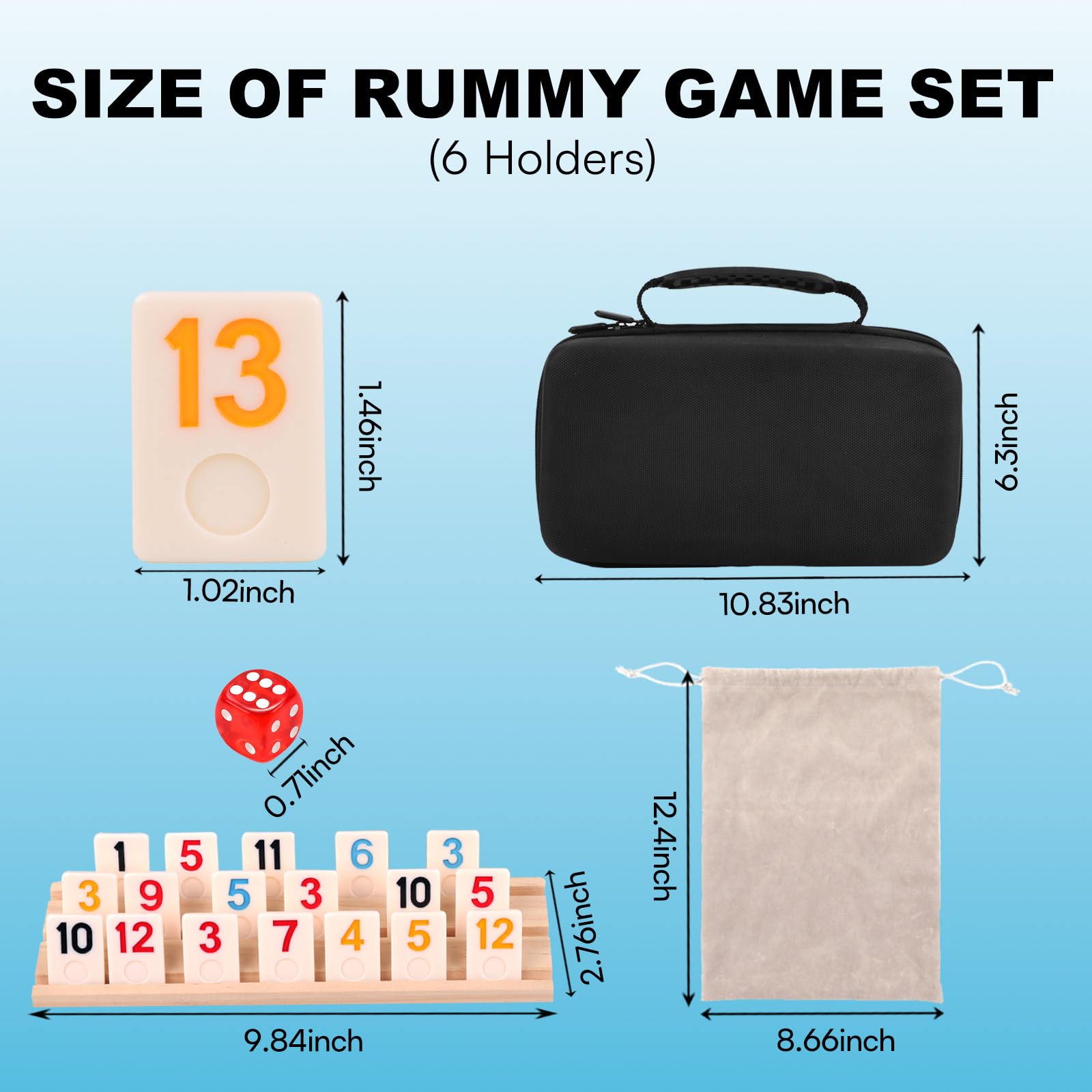 Rummy Cube Gioco per 6 giocatori con custodia da viaggio portatile, 162 piastrelle in melamina e 6 supporti in legno, classico gioco da tavolo strategico per famiglie per adulti e bambini