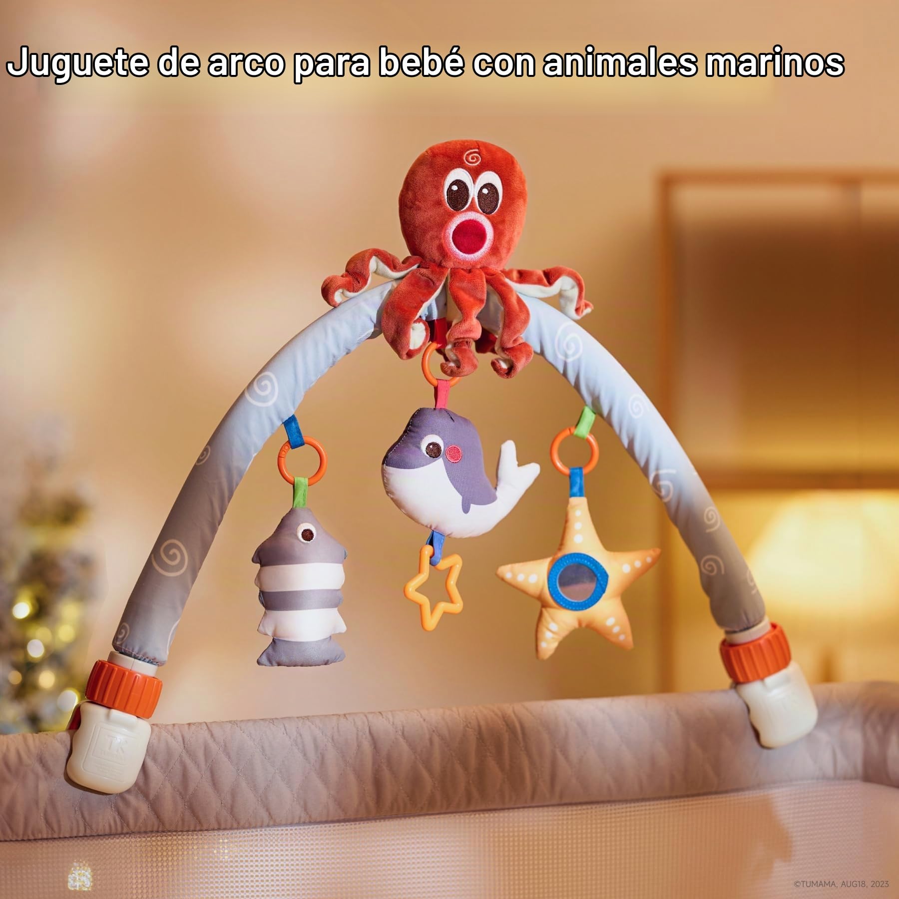 TUMAMA Arco Juguete Bebes 0-3 Meses,Cochecito Asiento de Coche Colgante Juguetes,Peluche Pulpo Juguetes Recién Nacido Regalo 0 3 6 9 12 Meses,Arco de Viaje con 3 Juguetes Sensoriales Colgantes