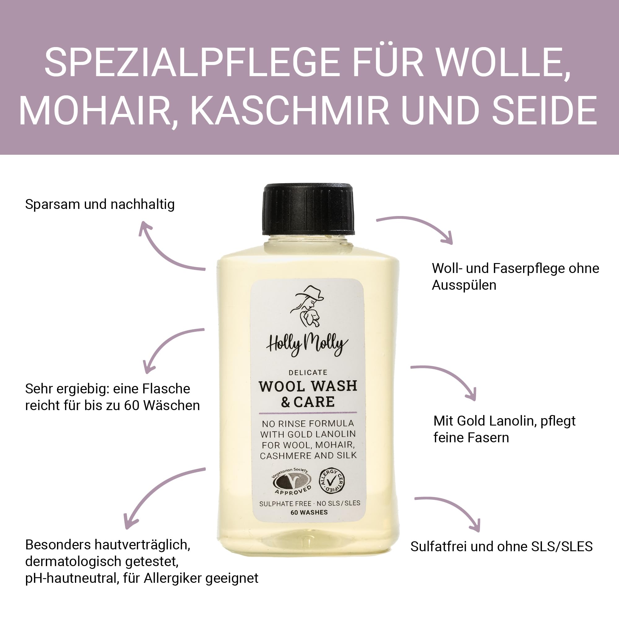 Holly Molly Delicate Wool Wash & Care mit Gold Lanolin – Wollwaschmittel ohne Ausspülen, Allergiker geeignet – für Wolle, Kaschmir, Mohair, Alpaka Seide & feine Fasern – 60 Wäschen