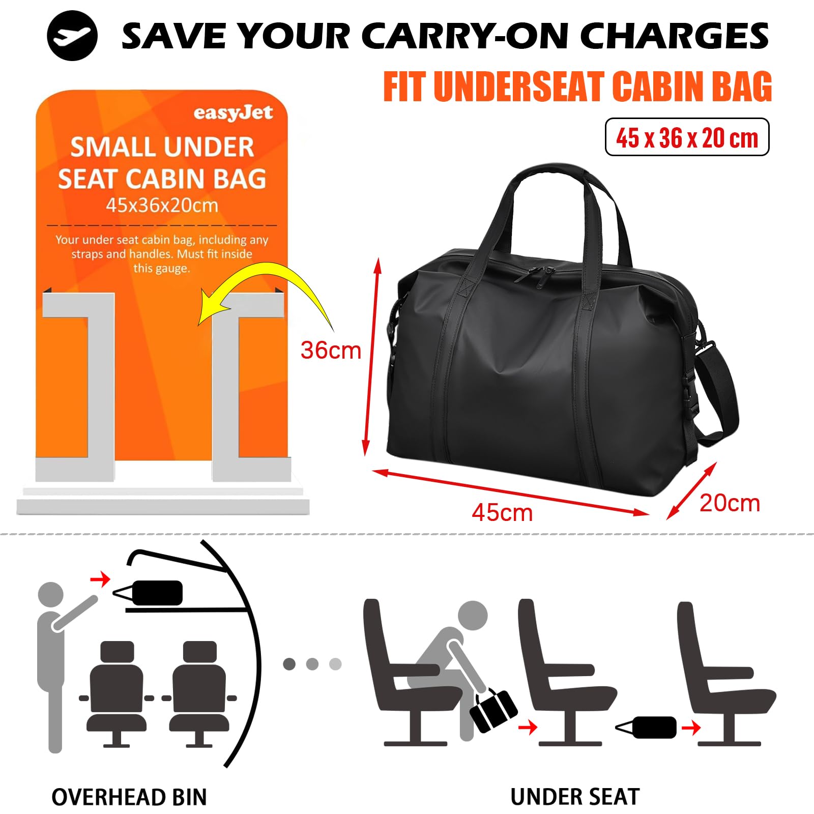 Easyjet - Bolsa de viaje para cabina Easyjet de 45 x 36 x 20 pulgadas, bolsa de transporte de piel sintética con correa para el hombro, bolsa de fin de semana para hombres y mujeres