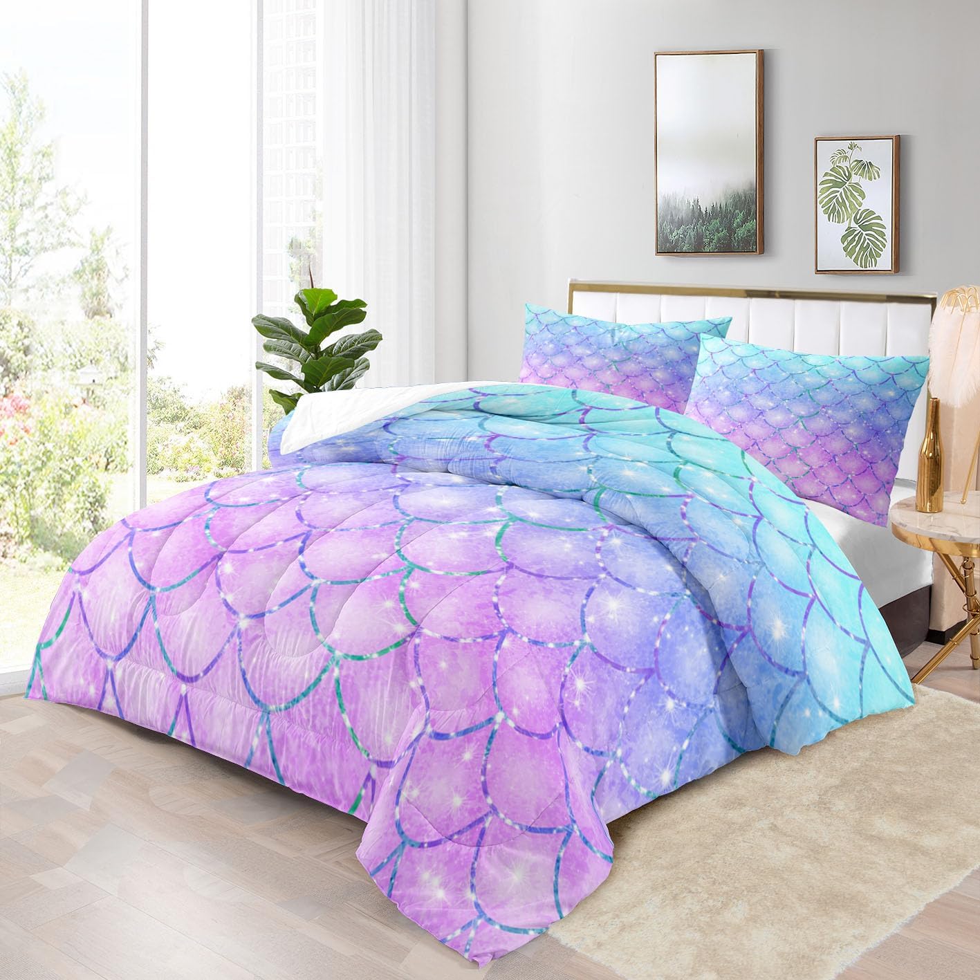 Kids Comforter Set Purple Little Mermaid Scales Printed Pattern Quilt Bedding Set with 1 Comforter and 1 Pillow Cover for Boys Girls Teens Bedroom Dormroom All Season Twin 68x90inches