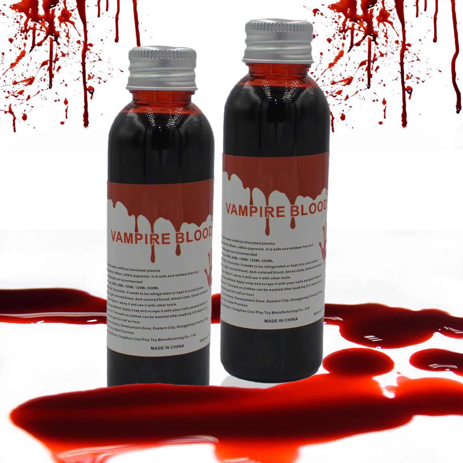 Jingyukj Kit de Sangre Falsa,Sangre liquida,2x60ml Profesional Realista Sangre Falsa,Sangre Artificial Lavable Vampiro Zombi para Halloween Carnaval Sangre Artificial Rojo Gel de Sangre Falsa SFX