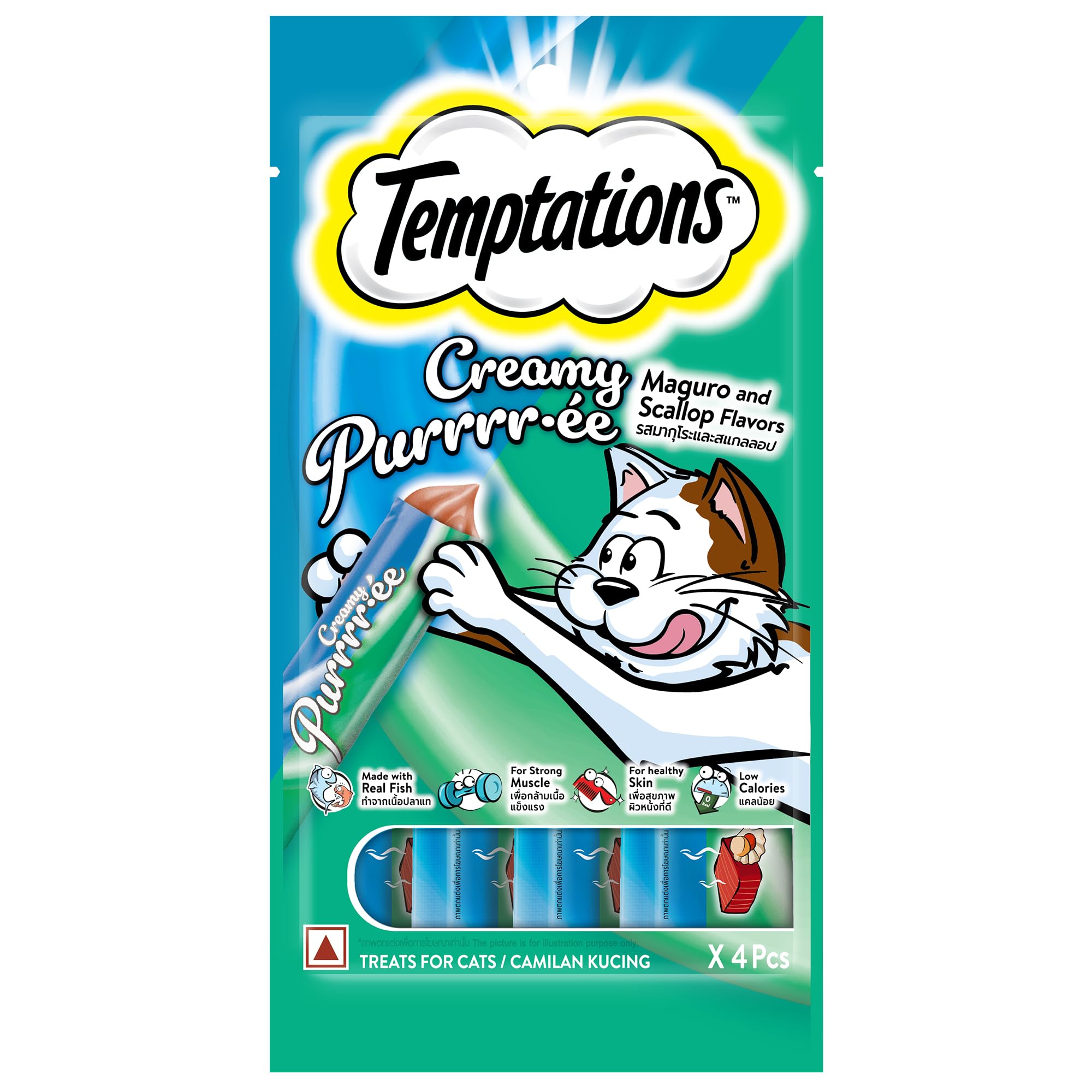 Creamy Purrrrr-ée Lickable Cat Treats, Maguro and Scallop Flavour, 48 G, Made with Real Fish, Goodness of Protein, Vitamins & Minerals,All Life Stages