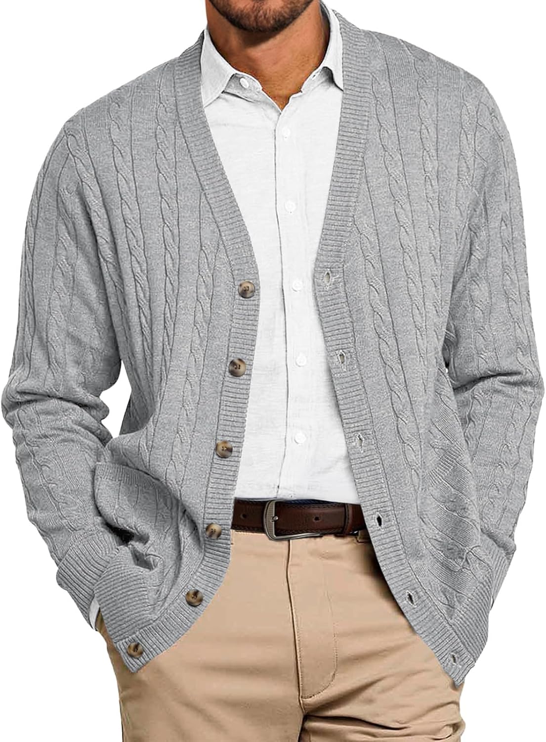 Runcati Mens Cable Knit Cardigan Sweater V Neck Casual Button Down Sweaters Long Sleeve Fall Outwear with Pockets
