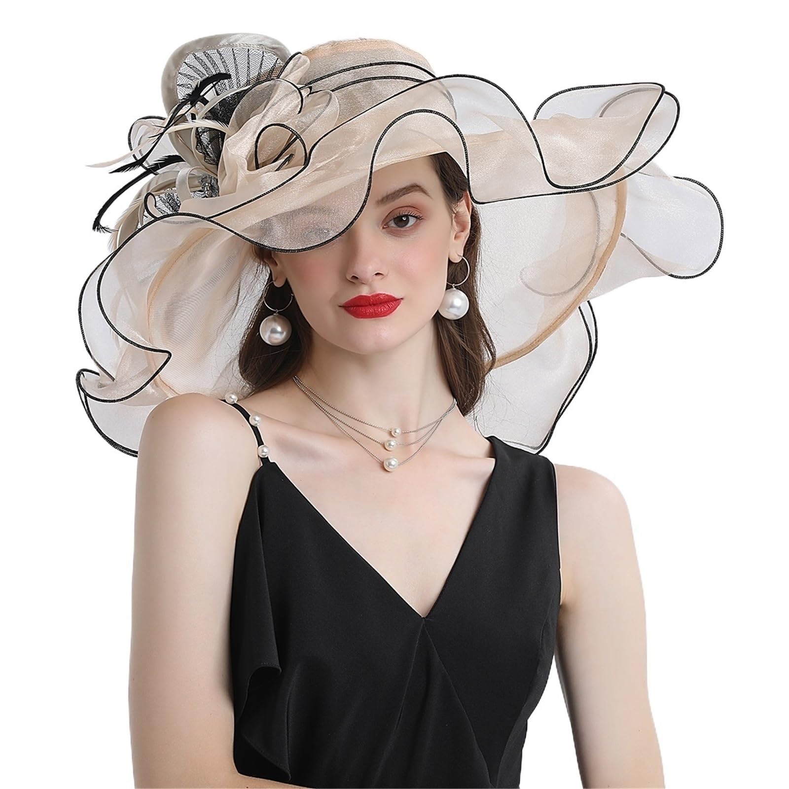 Cappelli da Fascinator a Tesa Larga Grande for Donna, Cappello Fedora in Organza, Fiore Bianco, Sole, Matrimonio, Tea Party, Chiesa