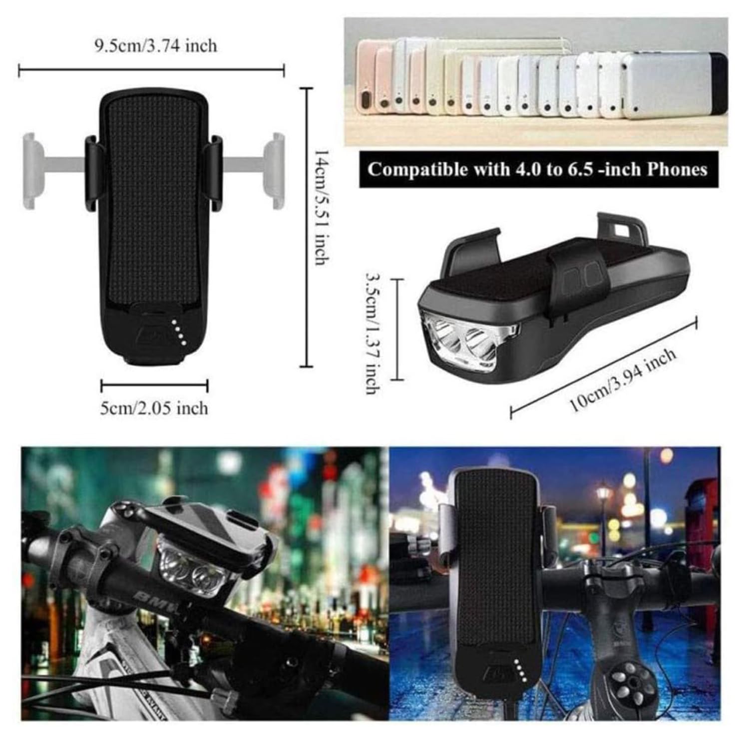 Kit 4-en-1 Pour Vélo : Support Téléphone + Lampe LED + Power Bank + Klaxon USB