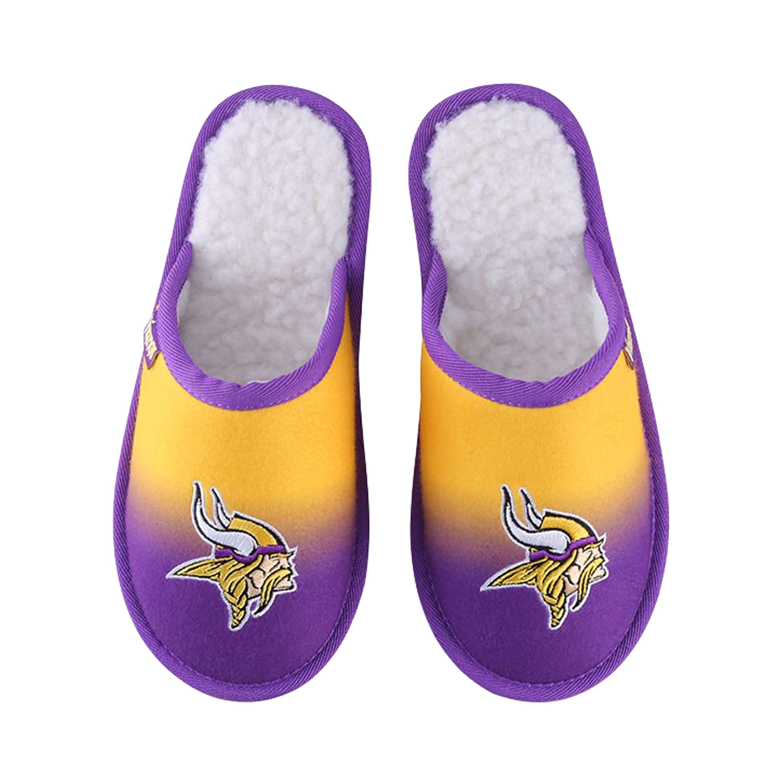 FOCO NFL Men's Official Primary Logo Embroidered Sherpa Lined Gradient Scuff Slide Slippers, Minnesota Vikings, 11-12