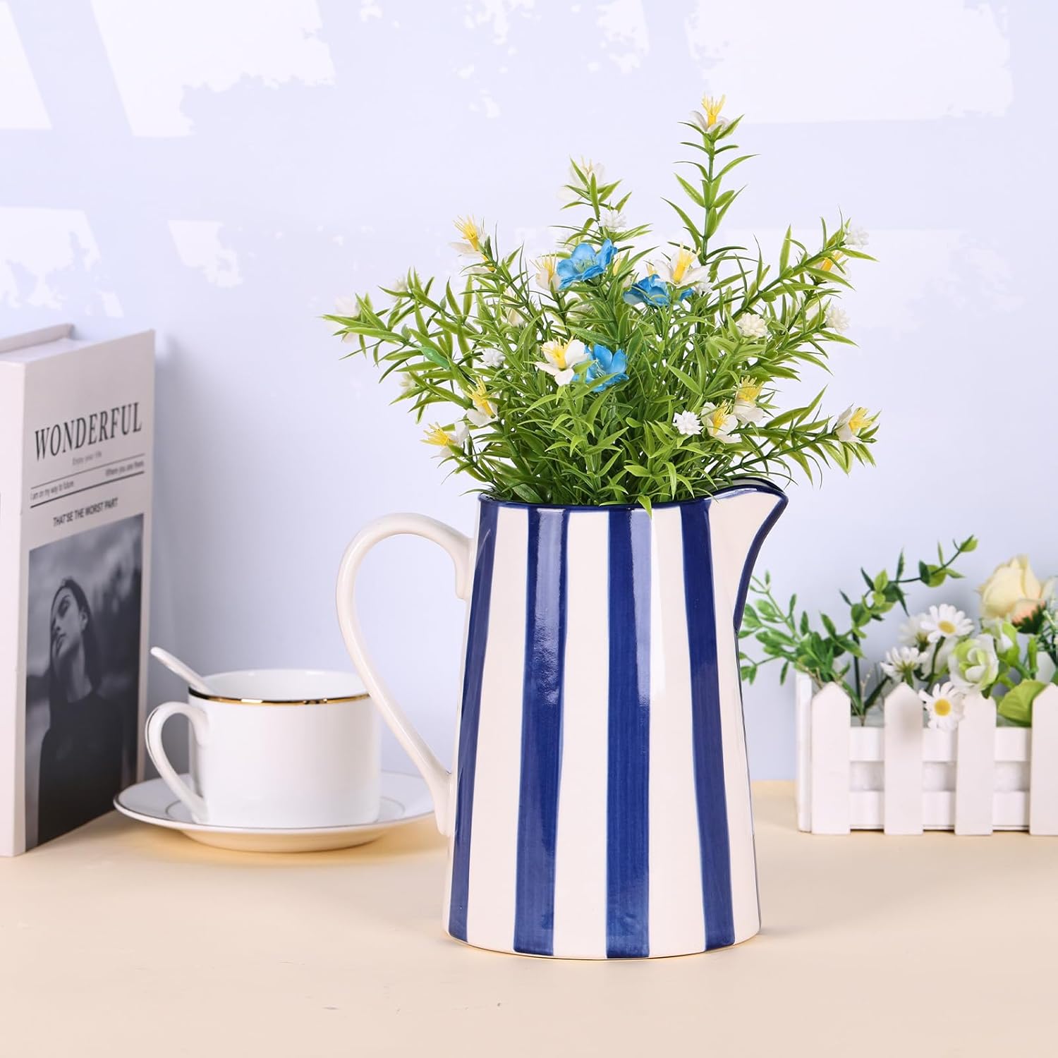 Ceramic Blue and White Pitcher Vase with Handle, Hand Painted Farmhouse Boho Pottery Jug for Decor Table Centerpiece, Kitchen, Home Desktop Decor Vase (Stripes)