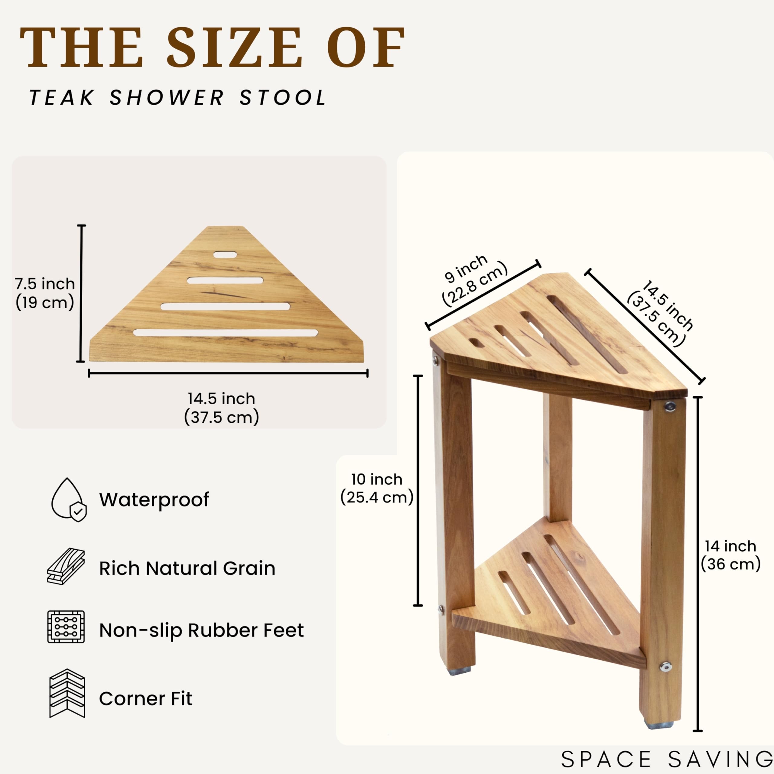 PERFNIQUE Sgabello da doccia in teak, sgabello da doccia da 35 cm, per gambe da barba, poggiapiedi per doccia interna, sgabello organizer in teak, piccola panca angolare impermeabile per bagno e
