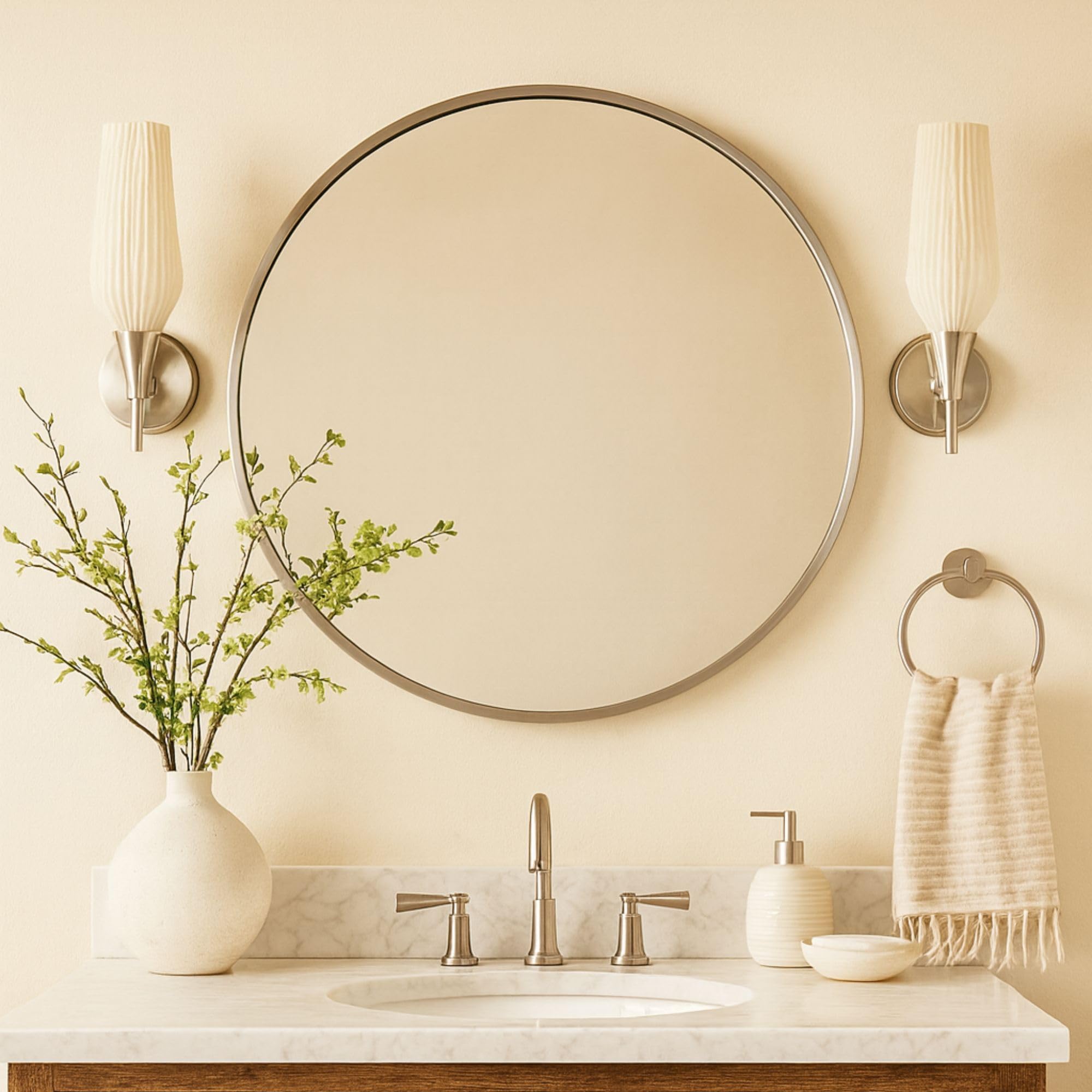TEHOME Round Brushed Nickel 30 inch, Silver Metal Circle Wall Mirror for Bathroom, Modern Silver Vanity Mirror for Entryway