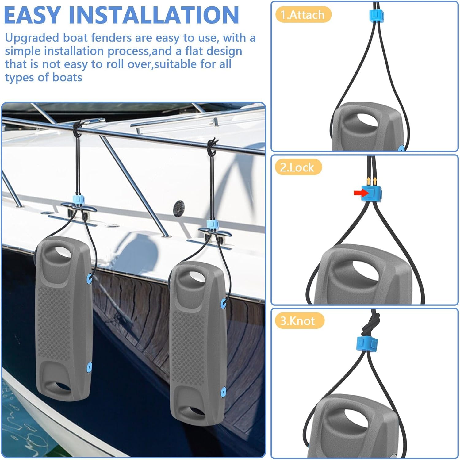Boat Fenders 22inx8in,Boat Bumpers for Docking,EVA Bumper Fenders with Elastic Cords and Fixed Locks for Yachts,Bass,Fishing,Pontoon Boat(Gray/Black/Blue)