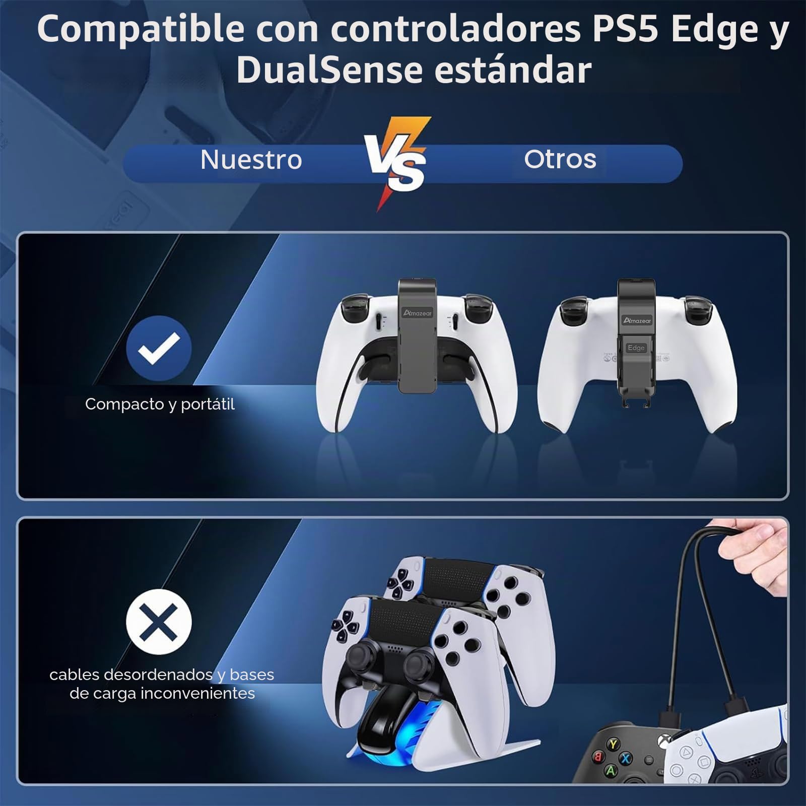 AMAZEAR Pack de batería para Mando PS5 DualSense, Accesorios PlayStation 5, 3000 mAh, Cargador rápido, batería Adicional portátil Recargable para PS5 Edge o Controlador de Juego estándar (Negro)