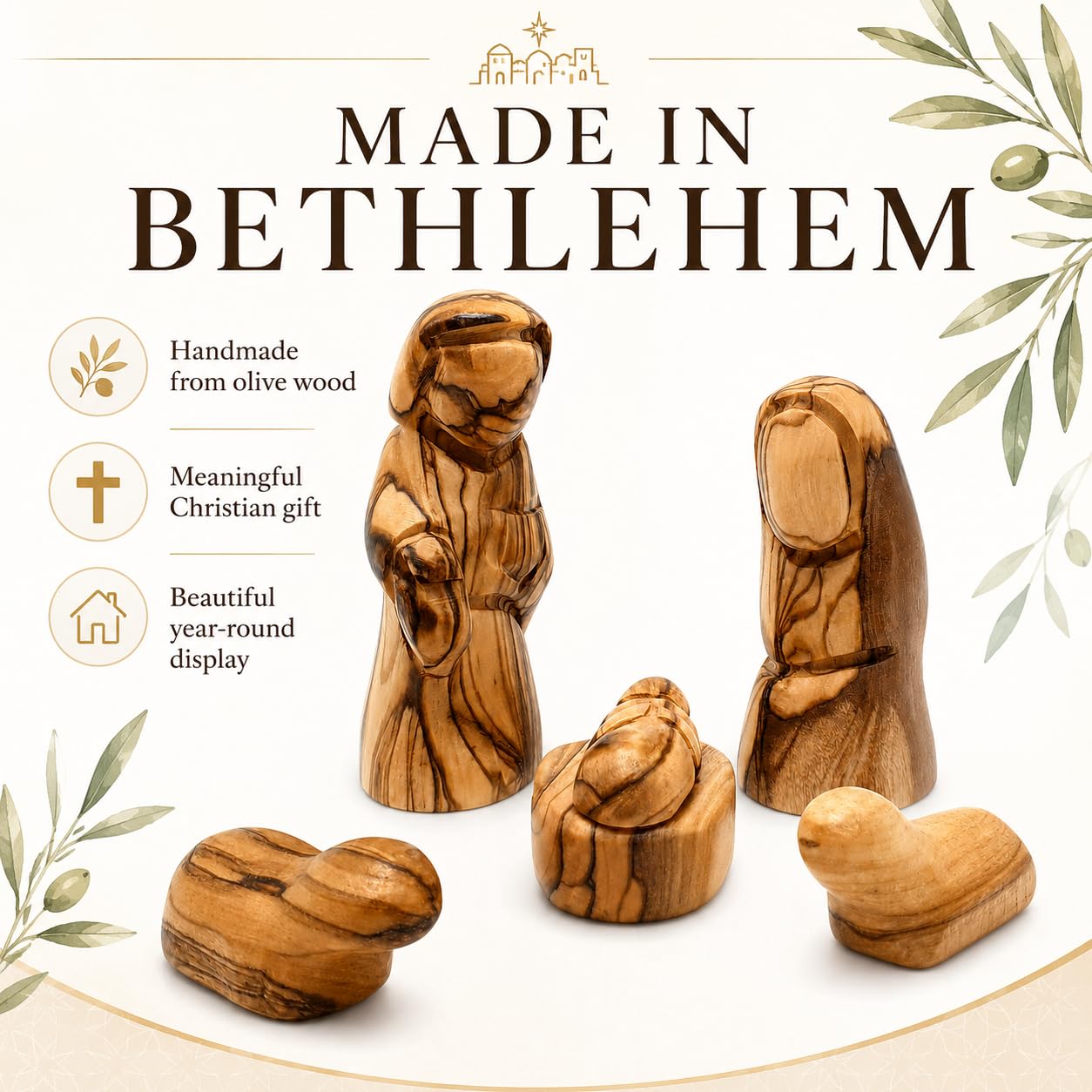Zuluf Petites figurines de la Sainte Famille en bois d'olivier – Joseph, Marie et Bébé Jésus – Crèche de Noël en bois pour décoration d'intérieur