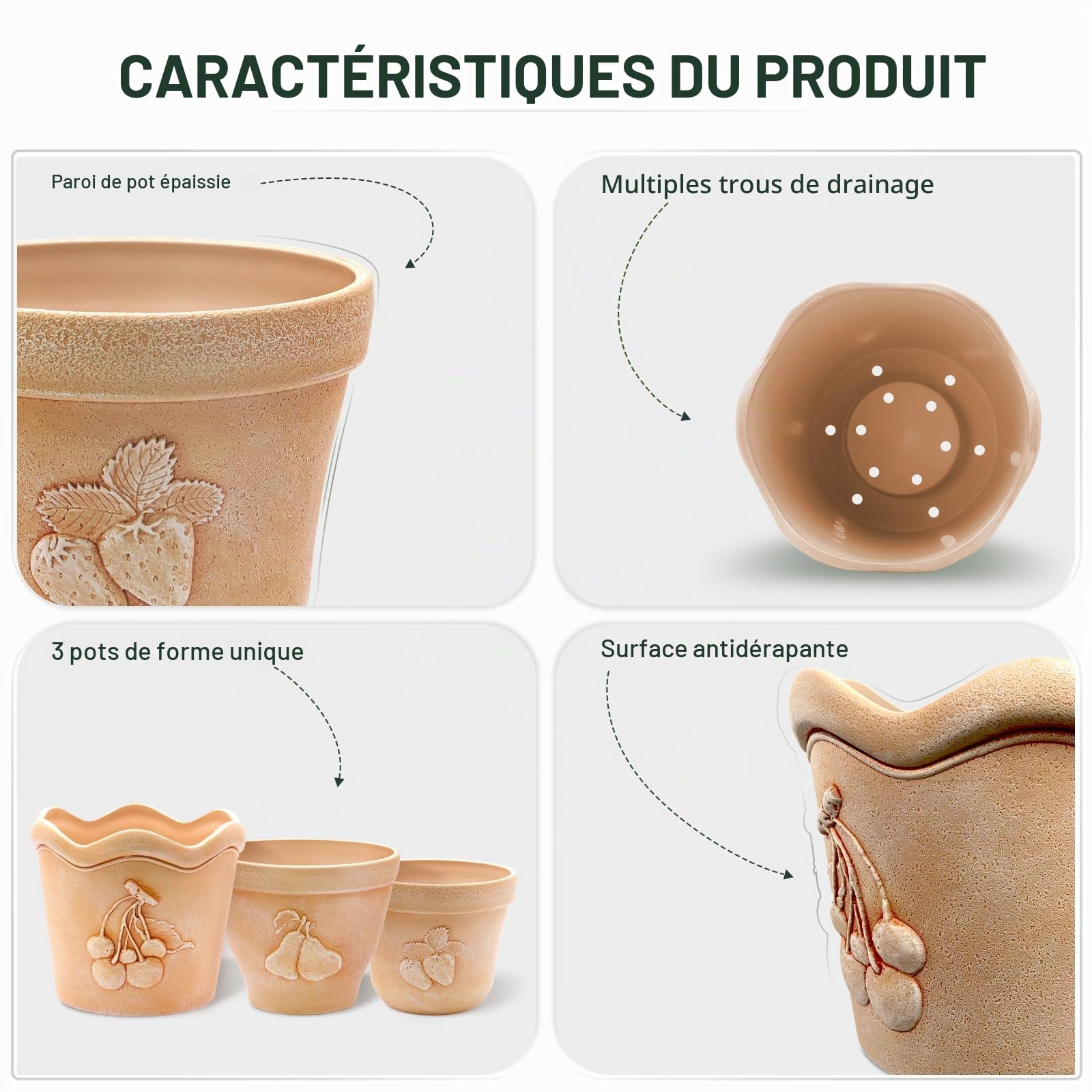 ZMTECH Lot de 3 pots de fleurs en plastique aspect béton avec trous de drainage pour intérieur et extérieur Rouge terre cuite 17,5/19/21 cm