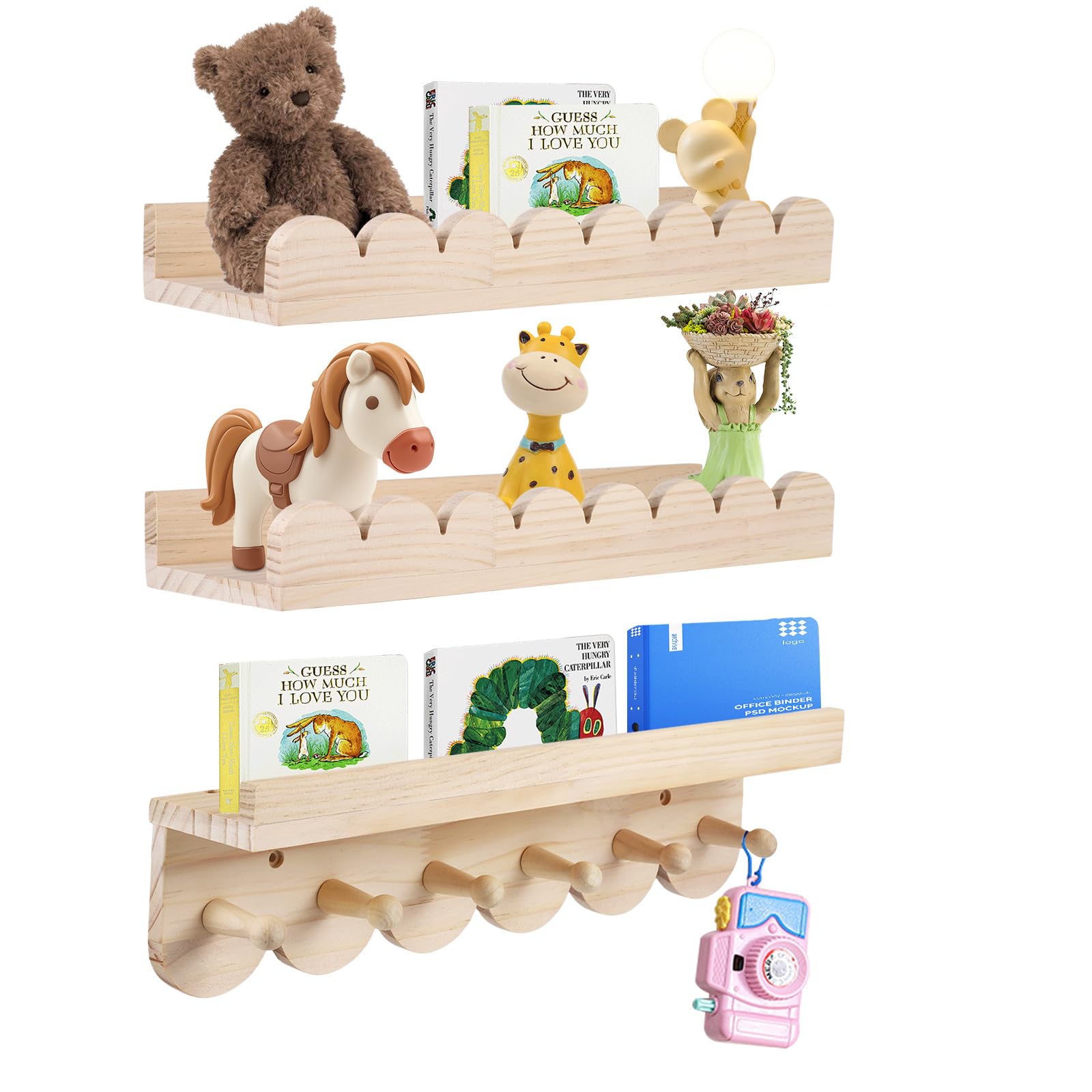 Set de 3 Étagères Murales Enfant en Bois Massif - Bibliothèque avec 6 Crochets pour Livres & Jouets - Étagère Montessori 40cm - Étagère Flottante aux Angles Arrondis pour Fille & Garçon
