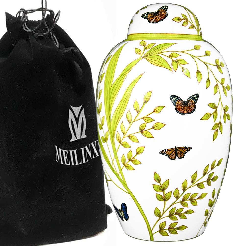 Cremation Urns for Ashes Adult Large - Funeral Urn for Human Ashes / Women - Brass Hand Painted Butterfly and Greenery - Display Burial At Home or in Niche at Columbarium ( Mother or Lover, White