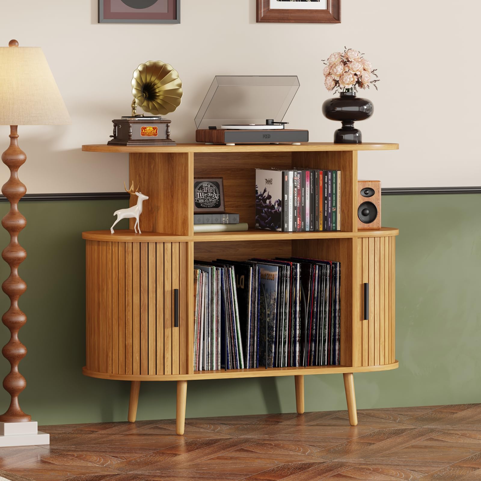 LSHUIZHU Mid Century Modern Record Player Stand with Storage - Large Round Vinyl Storage Cabinet Holds 150+ Records, Turntable Media Console with