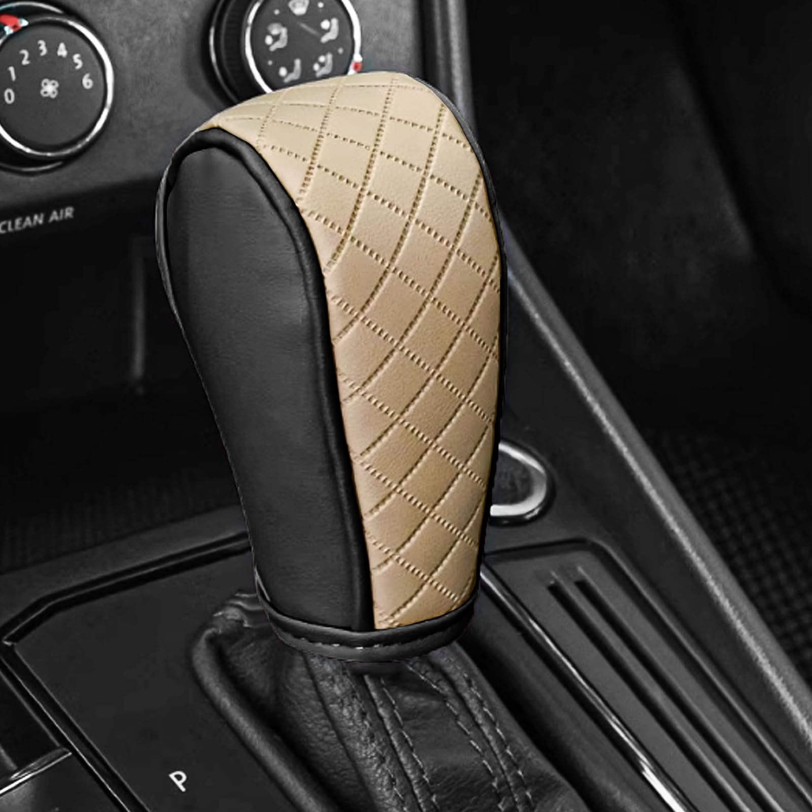Leather Car Gear Shift Knob Cover, Upgraded Anti-Slip Design Stick Shift Knob Cover, Universal Durable Car Decorative Accessories Shifter Stick Protector Suitable for Cars,Trucks,SUVs (Bk/Bg)