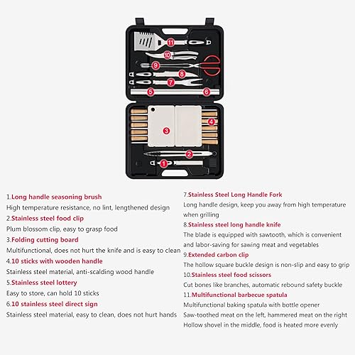 Miniatura 6 de Kit de 29 piezas de acero inoxidable para parrilla, juego de herramientas para barbacoa con estuche de transporte compacto portátil, accesorios para