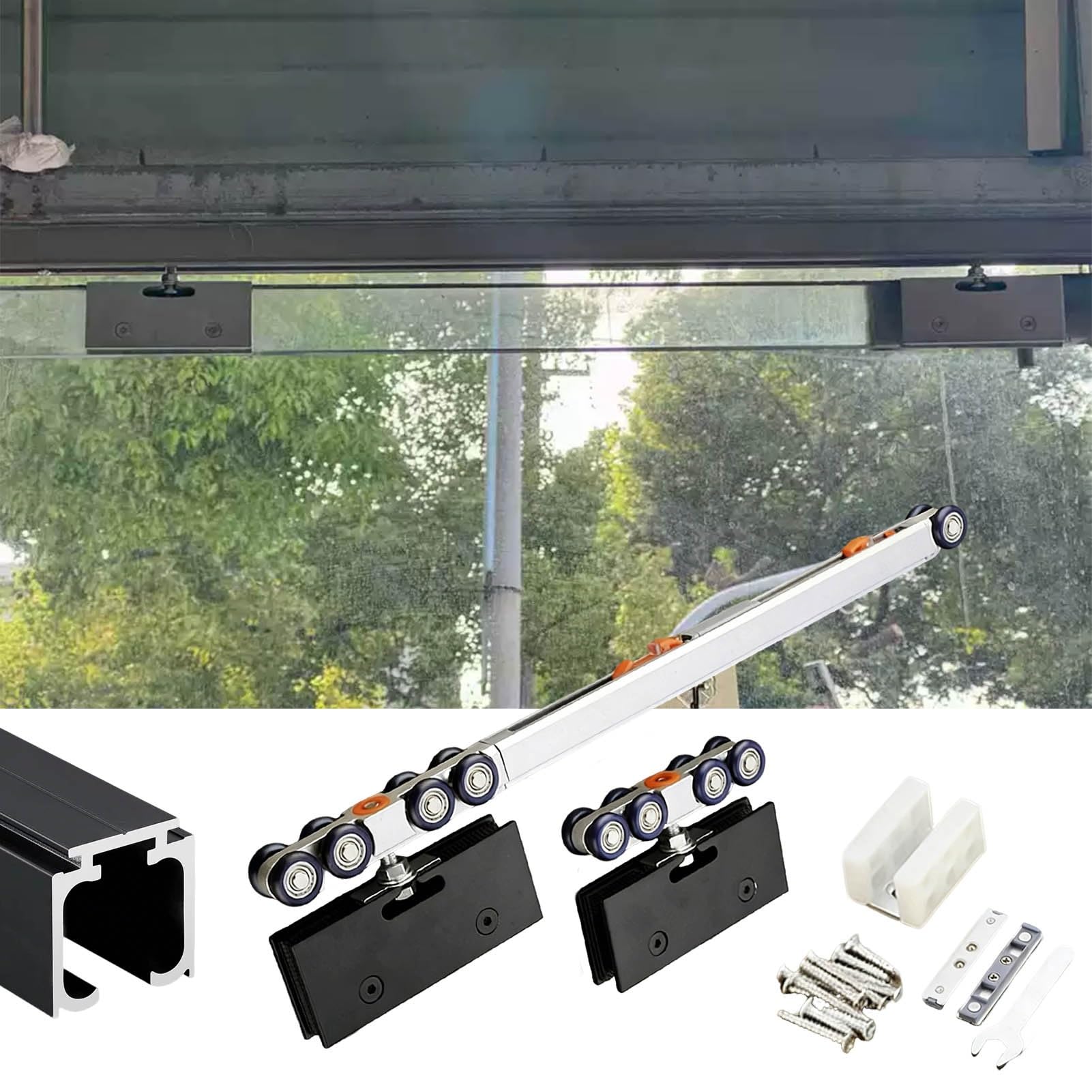 PALSINBY Sliding Glass Door Track Kit, Frameless Glass Sliding Door Rail Soft Close 8-Wheel Aluminum Silver/Black 34-180in 8-12mm(Black,36in/92cm)