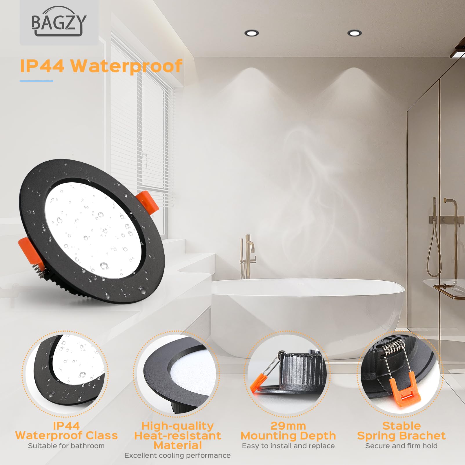 BAGZY 5x Faretti LED da Incasso, 7W Equivalenti a 70W,700LM,AC 220-240V,Bianco Naturale 4000K,Ritaglio Ø 80-90mm,IP44,Faretto da Soffitto Ultra Piatto per Camera da Letto Bagno Cucina(Nero)