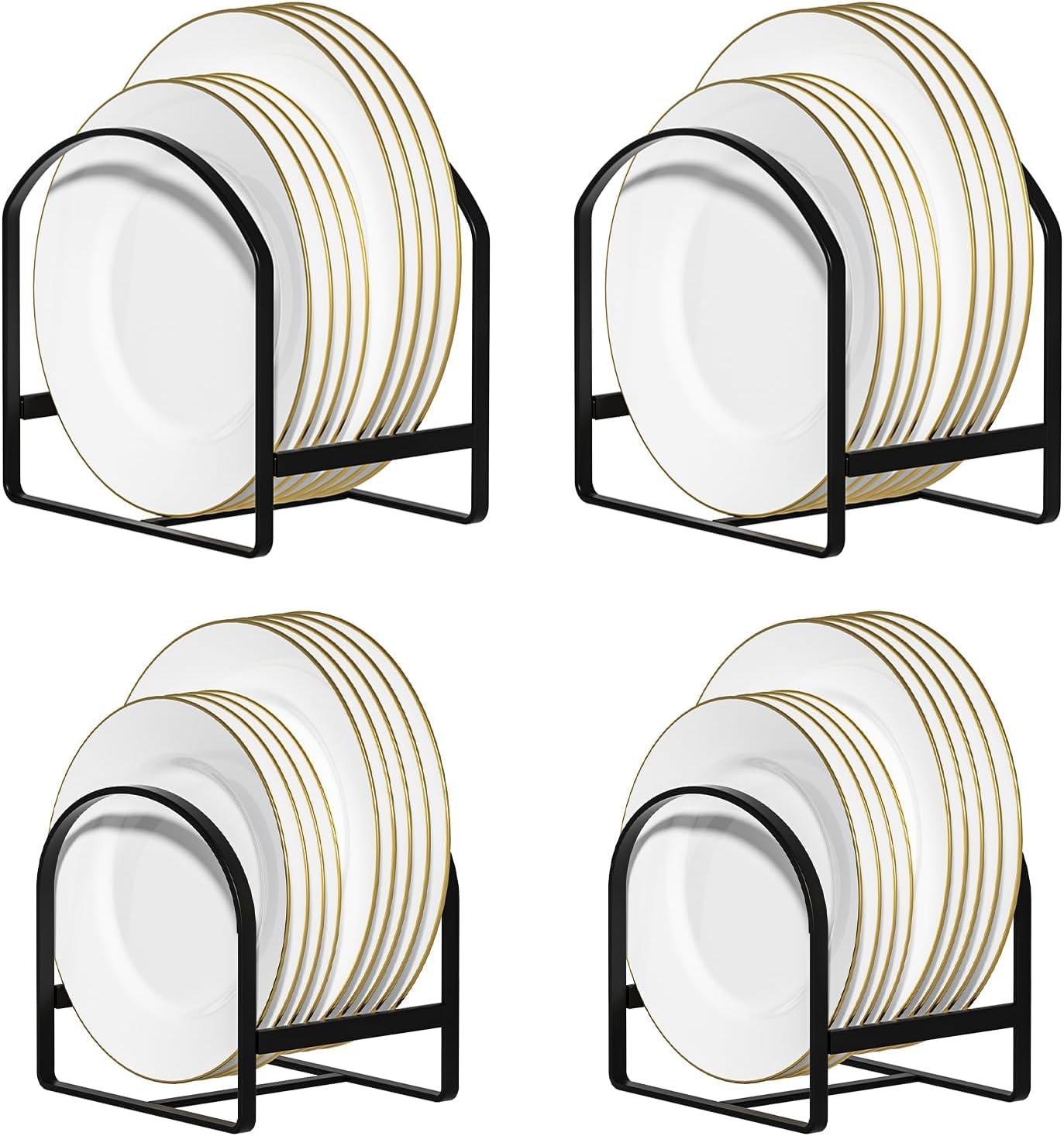Taylor & Brown 4 Pack Kitchen Plate Holder Organiser, Metal Dish Storage Rack for Cabinet, Cupboard & Countertop, Space Saver Upright Dish Drying Stand – 2 Large & 2 Small, Black