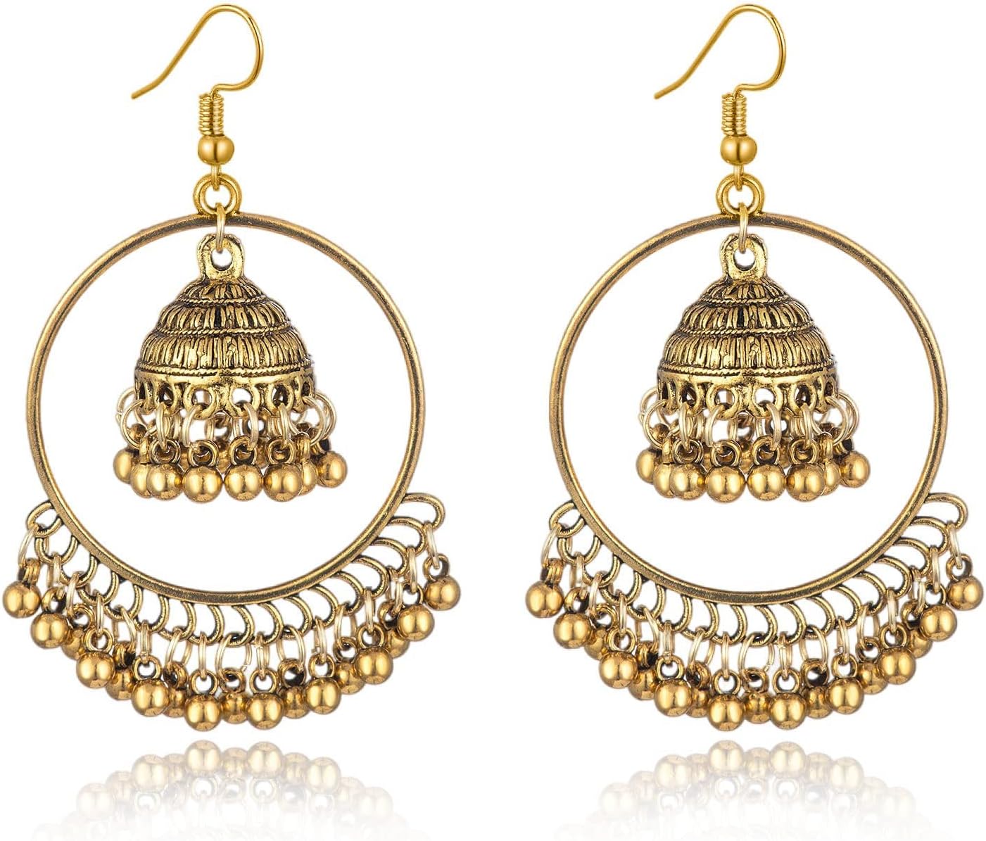 Indian Earrings,Seaside Holiday Souvenir Indian Ethnic Style Jewelry Earrings,Ethnic Style Exaggerated Retro Earring,Bell-Shaped Fringe Hmong Accessory (Gold)