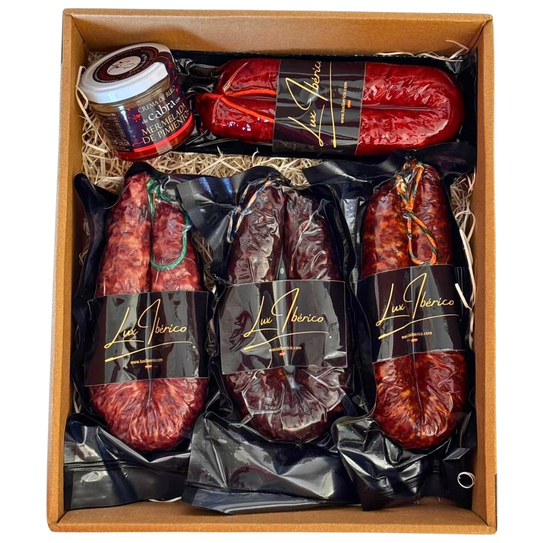 Lux Ibérico Lote Embutidos Séneca - Extremeños con Queso de Cabra | Chorizo y salchichón extremeño, chorizo patatero, achorizada dulce y crema de queso de cabra. Ideal para regalar.