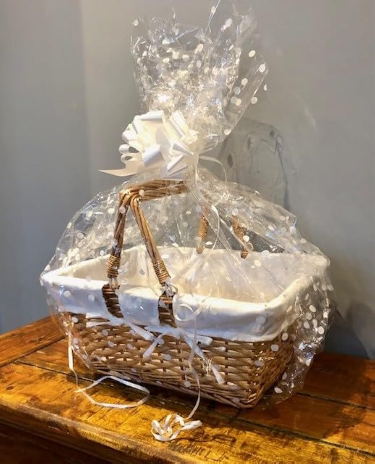 Shopping Basket Split Willow Wicker Hamper kit with Lining includes Cellophane & Bow Buff or White Picnic Storage Gift with Folding Handles (Buff)