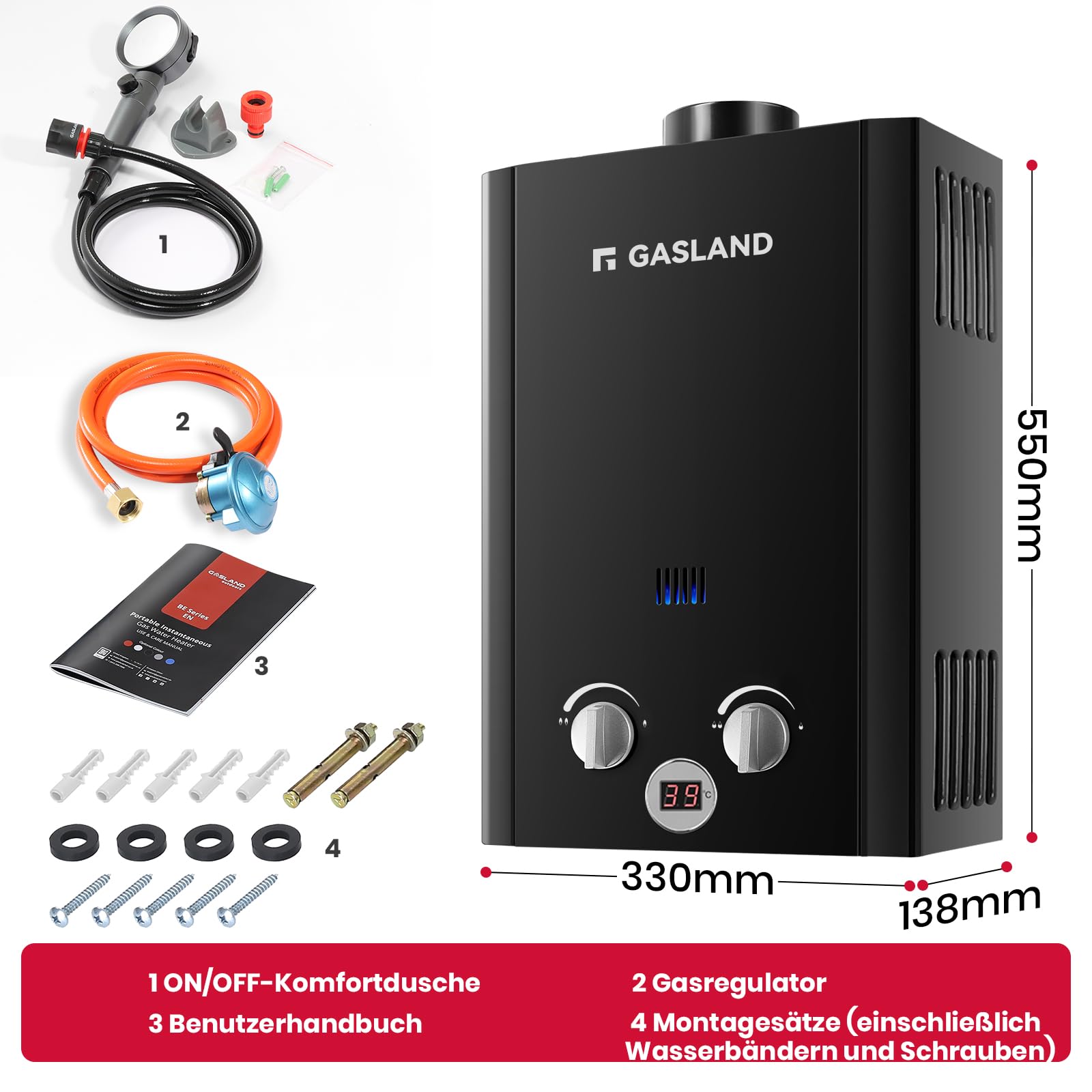 GASLAND BE264B chauffe-eau à gaz 10L 30/37mbar, système de douche chaude sans réservoir pour l'extérieur avec affichage numérique, chauffe-eau LGP instantané pour la douche de camping-car Shower
