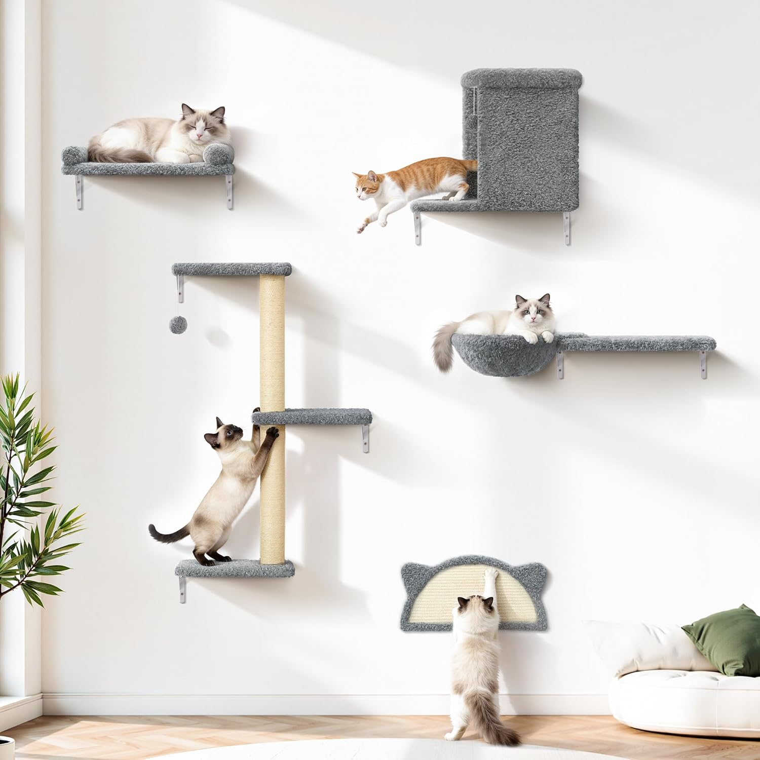 5-in-1 Cat Wall Shelves, Solid Wood & Velvet & Sisal Scratcher, 44lbs Max Load, Wall Mounted Cat Furniture for Climbers, Cat Climbing Wall System, Fits Drywall & Solid Walls - Cool Gray