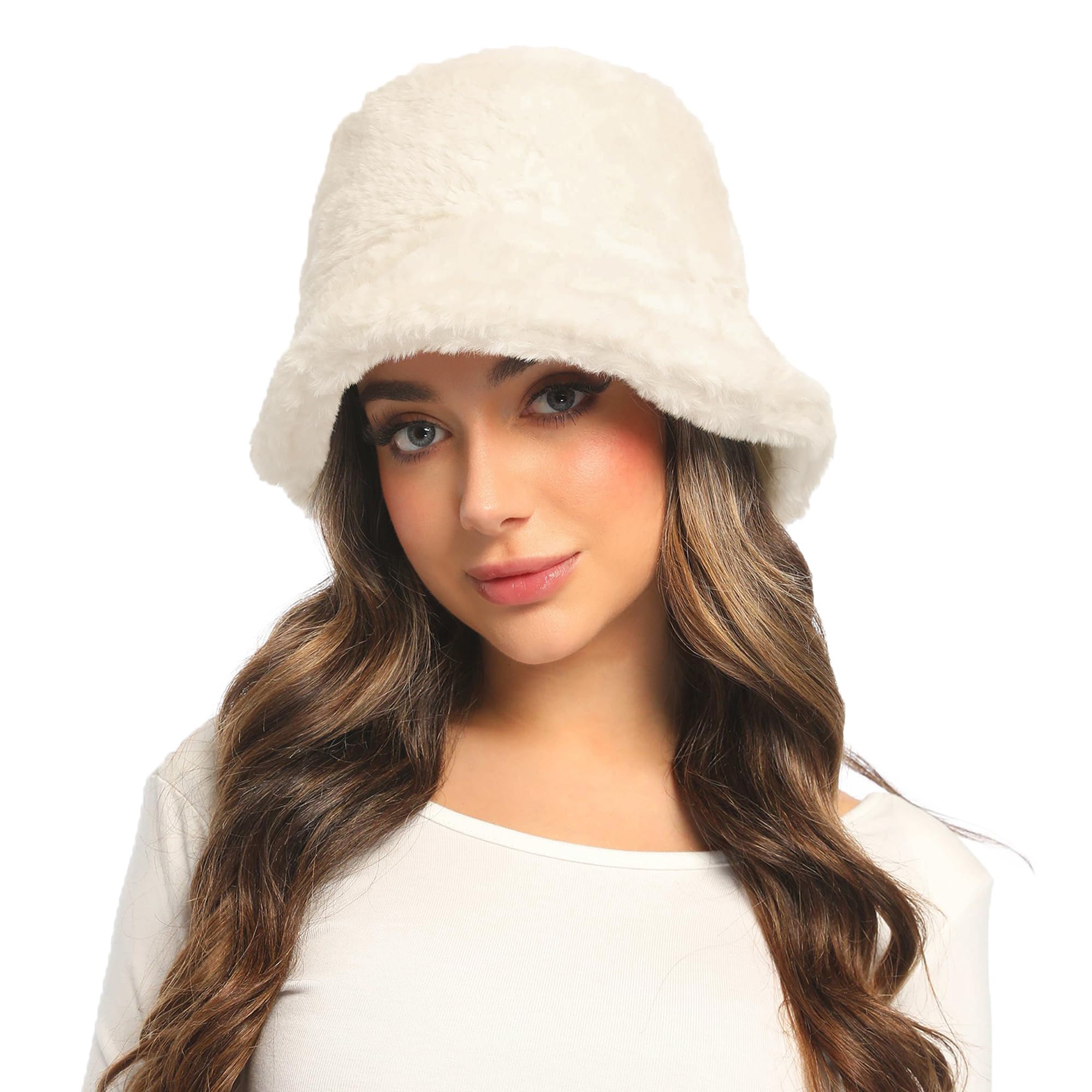 Umeepar Winter Faux Fur Fuzzy Bucket Hat Fluffy Warm Hat for Women Men