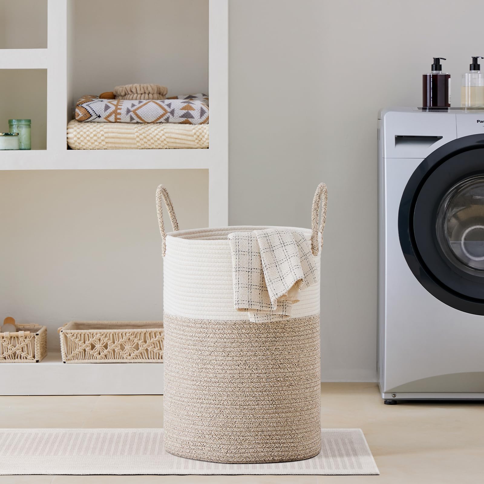 VIPOSCO Großer Wäschekorb, hoher gewebter Seil-Aufbewahrungskorb für Decke, Spielzeug, schmutzige Kleidung im Wohnzimmer, Badezimmer, Schlafzimmer, 72 l, Weiß & Braun