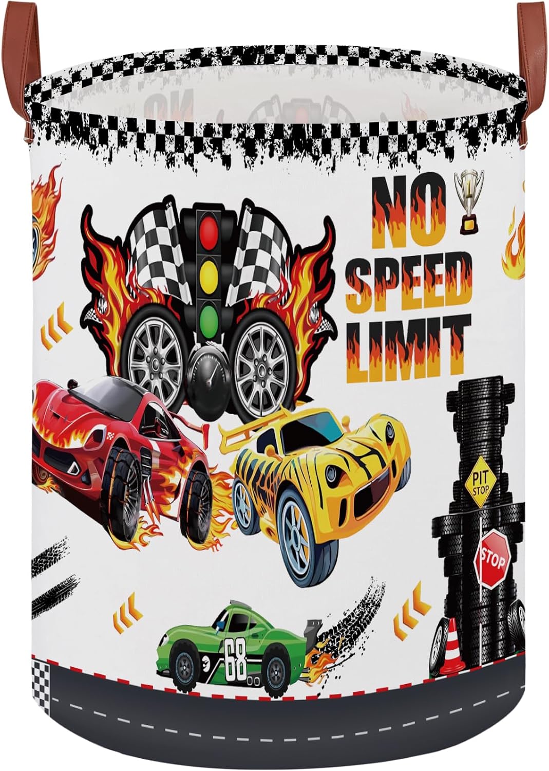 Race Car Round Waterproof laundry basket,Fire Decor for Boys Room,Kids Toy Box Storage,Sports Nursery Hamper,Foldable Fabric Basket,Clothes or Plush Toy Gift Basket