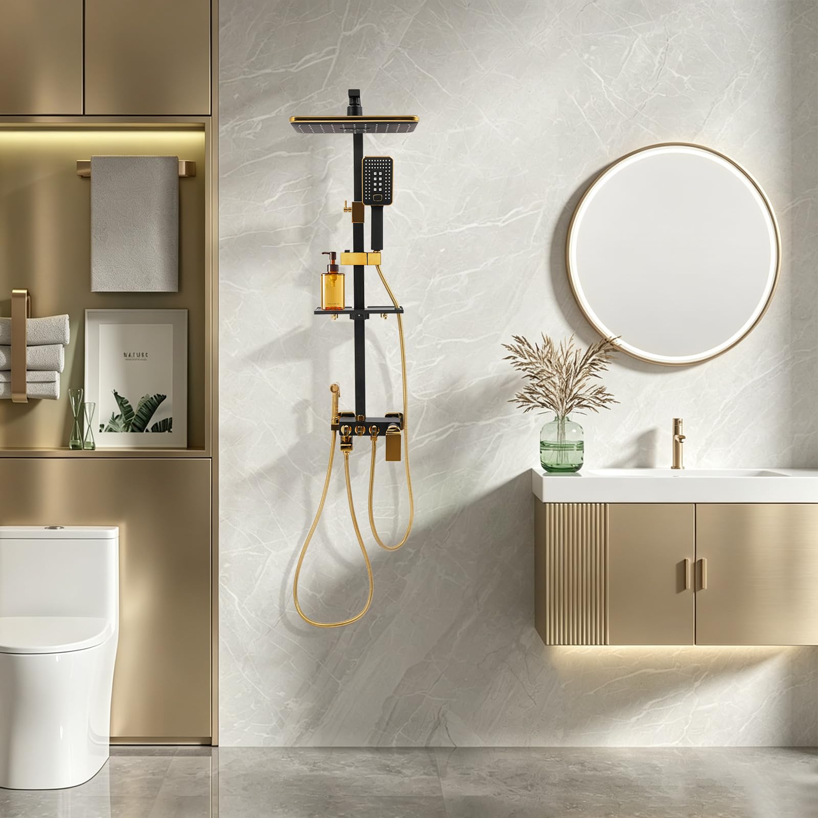 Duschsystem Schwarz Gold, Duschset 4 Sprühköpfe, Regendusche mit Handbrause