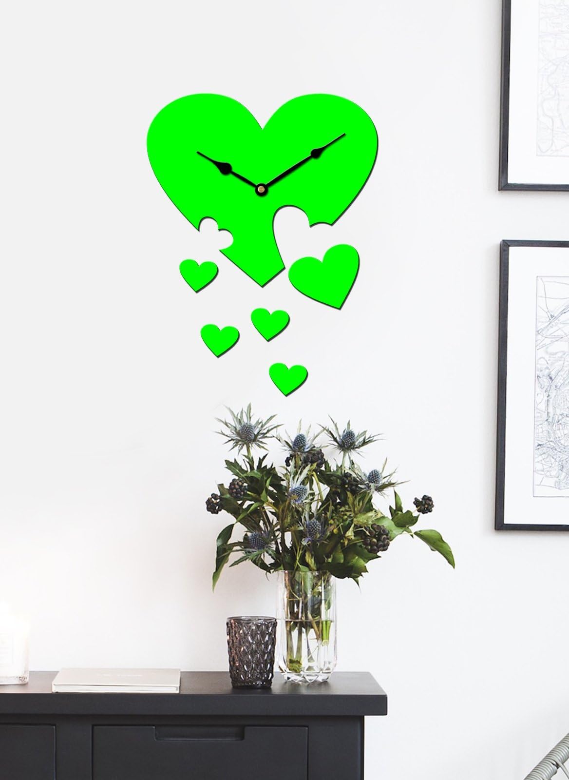 'Heart' Asymmetric Wood Wall Clock (27 cm x 27 cm x 4 cm, Green)